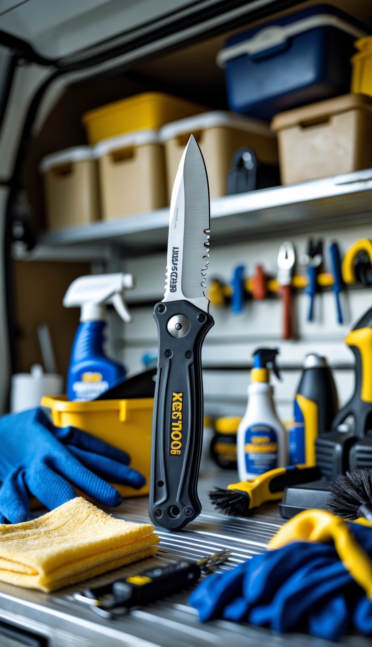 A folding utility knife on a workbench surrounded by various garage cleaning tools in a tidy garage.