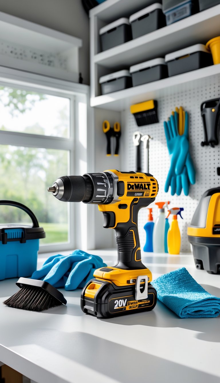 A DeWalt cordless drill on a workbench surrounded by various garage cleaning tools in a tidy garage.