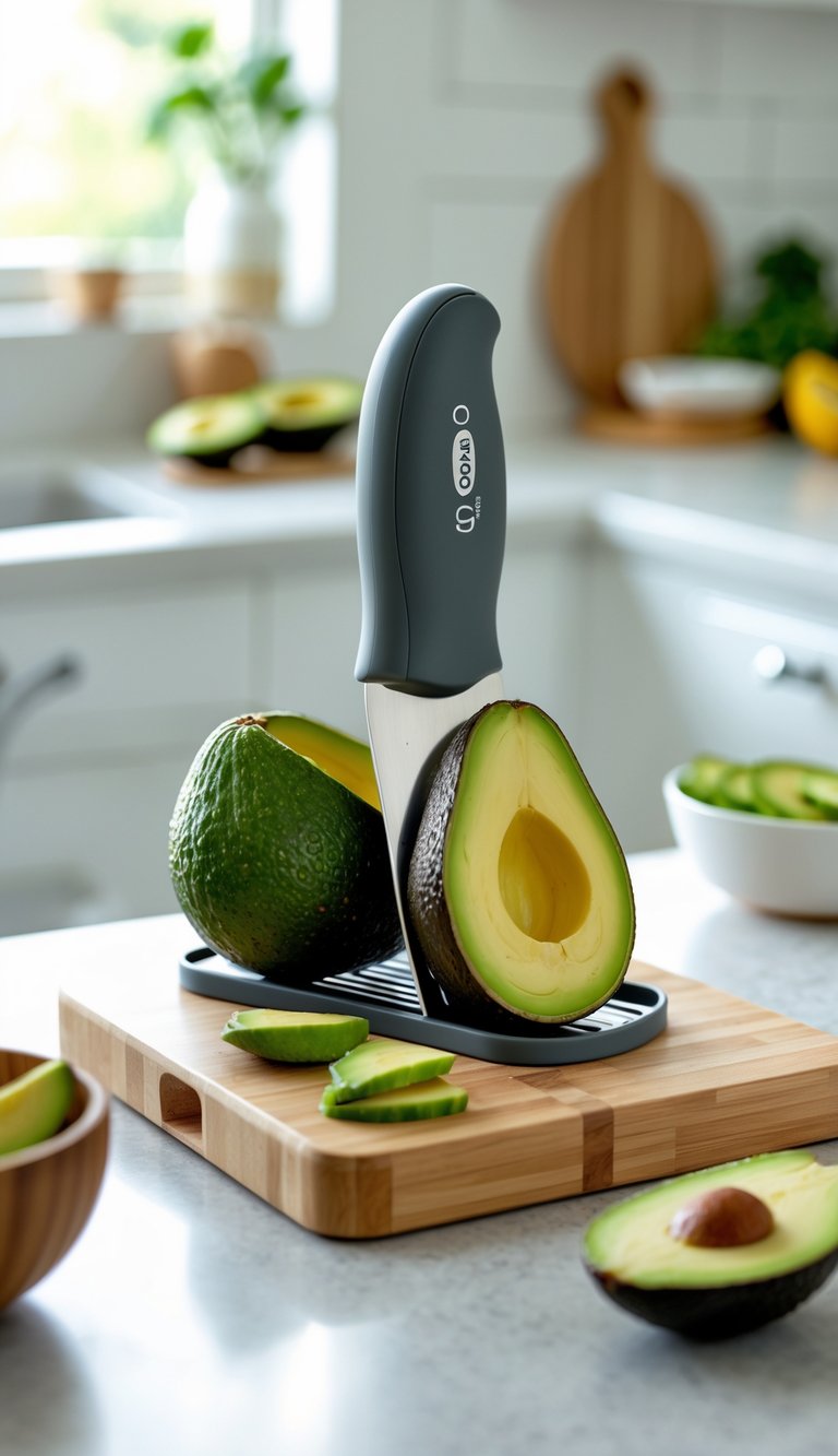 An avocado sliced in half with an Oxo Good Grips 3-in-1 Avocado Slicer on a kitchen countertop surrounded by a cutting board and a bowl with avocado slices.