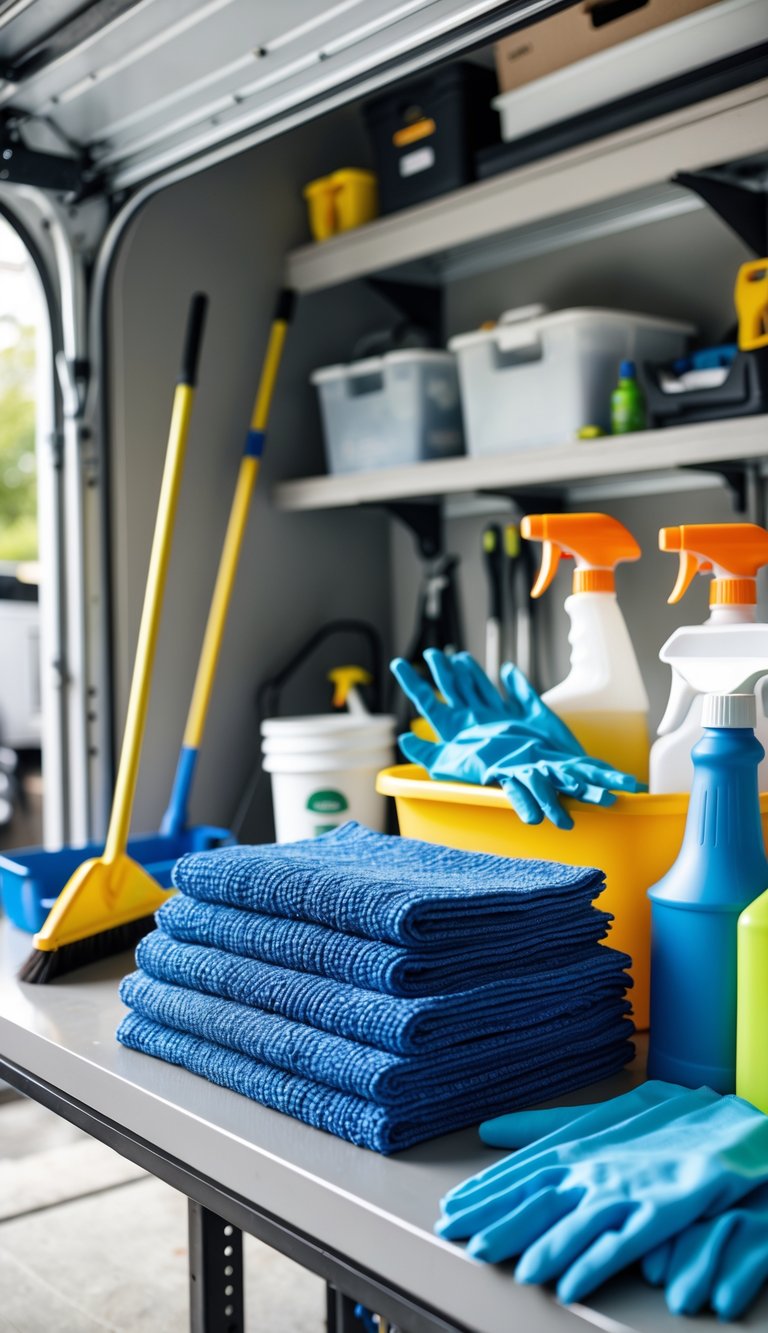 A set of cleaning cloths displayed with garage cleaning tools on a workbench in a tidy garage.