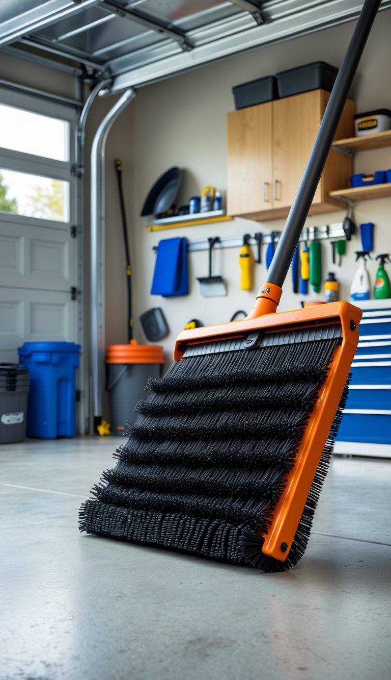 A garage broom with rubber bristles standing in a clean and organized garage with various cleaning tools and storage items around.
