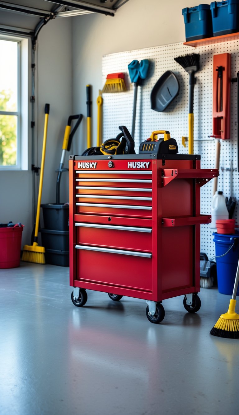 A red Husky rolling tool chest in a clean, organized garage with various cleaning tools and equipment neatly arranged around it.