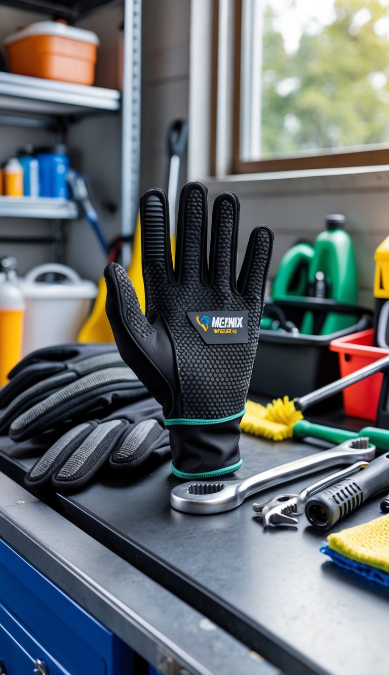 A pair of Mechanix Wear gloves with grip resting on a garage workbench surrounded by various spring cleaning tools.