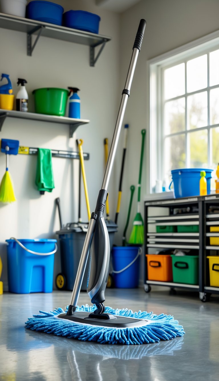 Dust mop with extendable handle leaning in a clean garage next to organized cleaning tools and shelves.