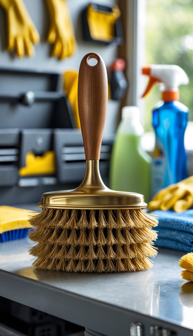 A brass wire scrub brush on a workbench surrounded by garage cleaning tools.