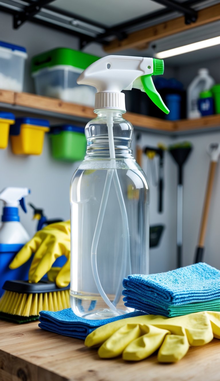 A spray bottle with an adjustable nozzle on a workbench surrounded by cleaning tools in a garage.