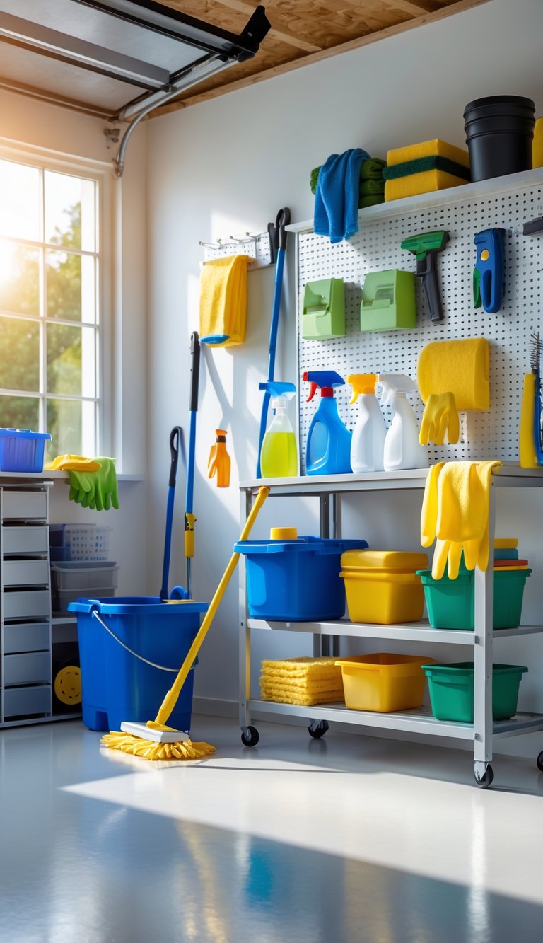 A clean and organized garage with various cleaning tools and trisodium phosphate cleaner arranged on a workbench and shelves.