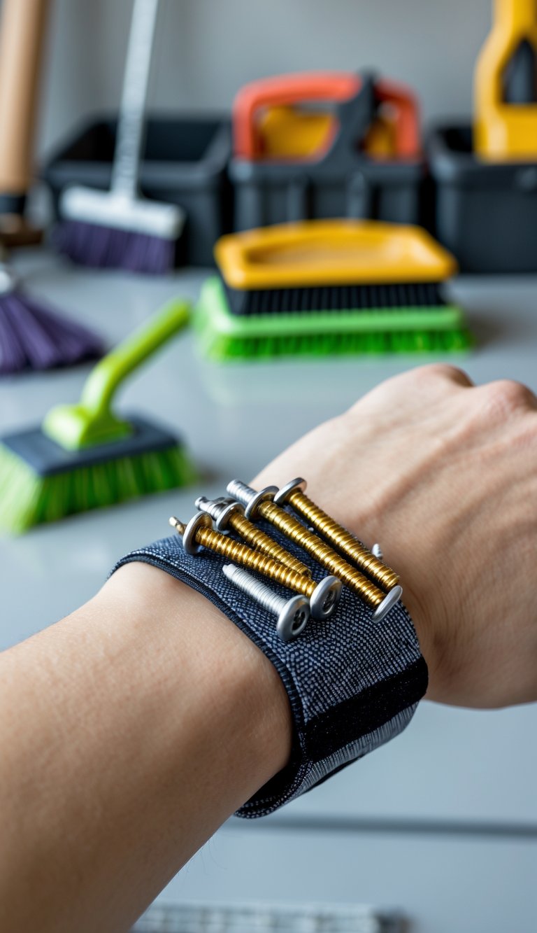 A close-up of a wrist wearing a magnetic wristband holding nails and screws with a garage workspace in the background.