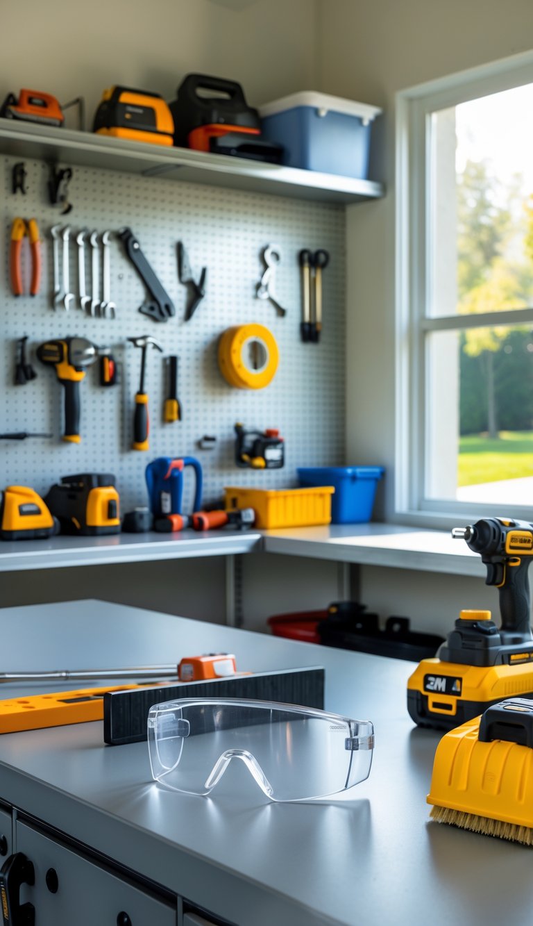 A clean and organized garage workspace with various tools arranged on a workbench and pegboard, featuring a pair of safety glasses in the foreground.
