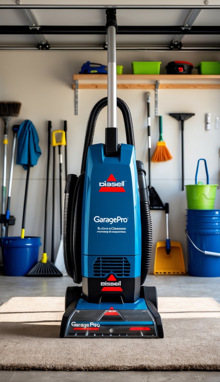 A Bissell GaragePro Carpet Cleaner on a clean garage floor surrounded by spring cleaning tools and organized storage shelves.