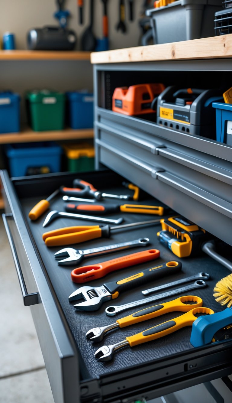 An organized tool drawer in a garage with various hand tools neatly arranged on protective shelf liners.