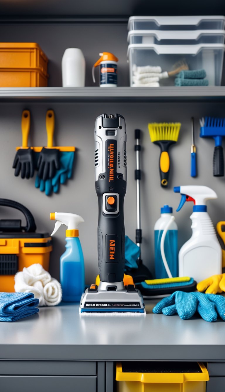 FEIN MultiMaster oscillating tool on a workbench surrounded by garage cleaning tools in a tidy garage.