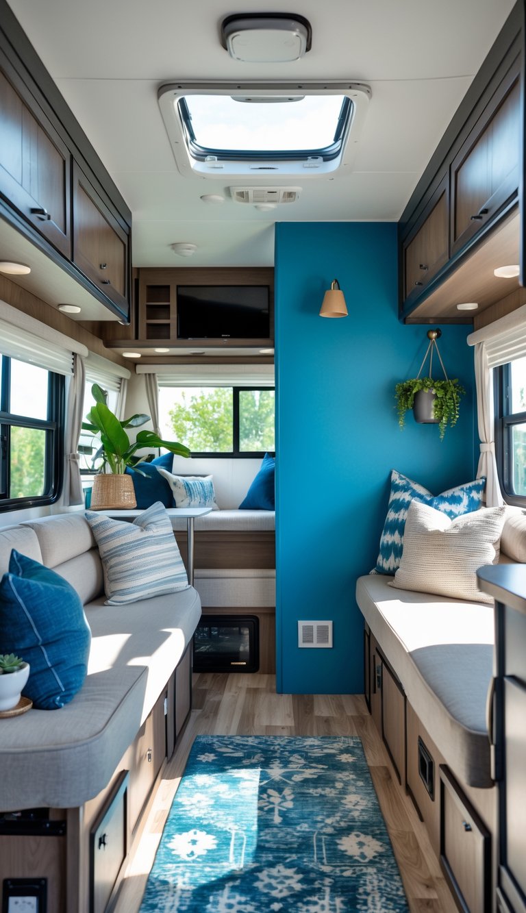 Interior of an RV with a bold blue accent wall, comfortable seating, and natural light coming through the windows.