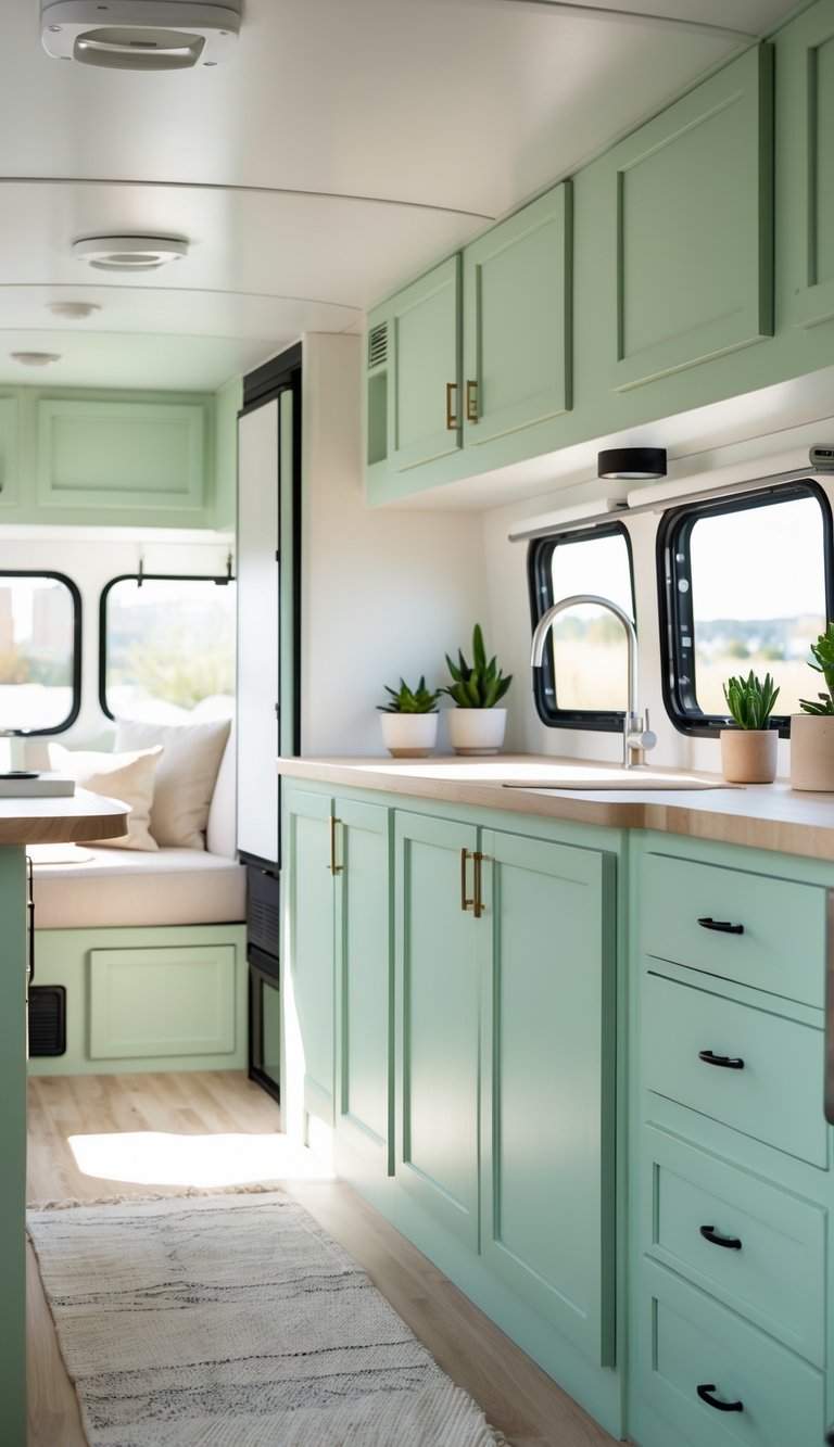Interior of an RV with soft green cabinets, light wood countertops, and a cozy seating area in the background.