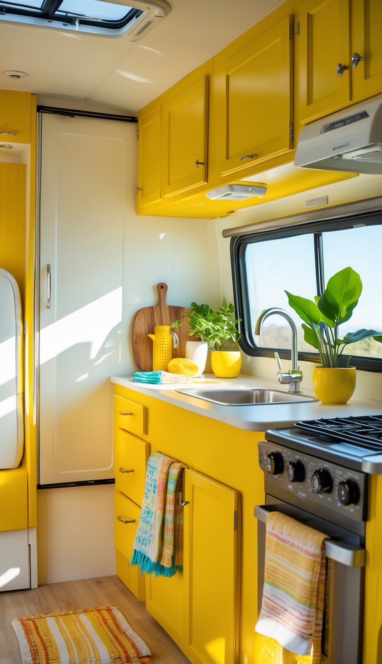 Interior of a bright RV kitchen with yellow cabinets, sunlight coming through a window, and green plants on the counter.
