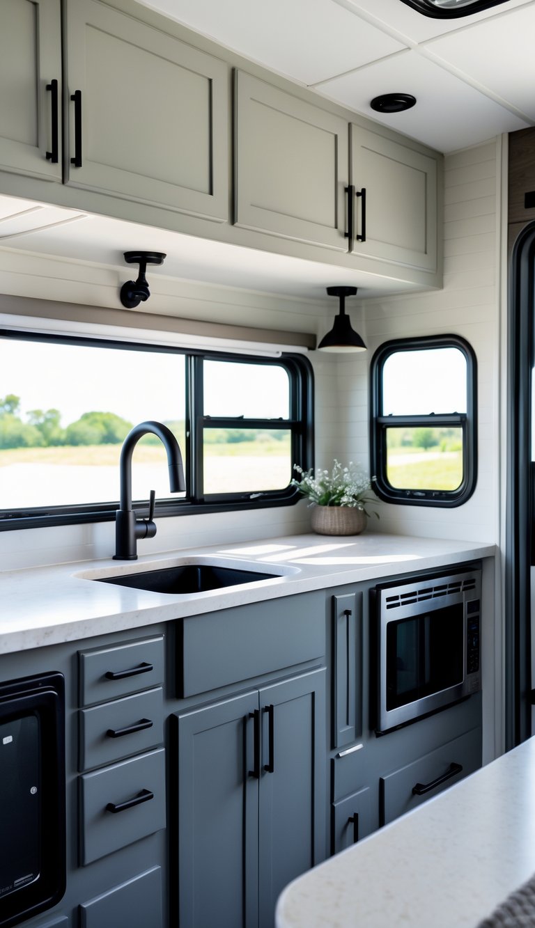 Interior of an RV featuring matte black fixtures and freshly painted walls with natural light coming through the windows.
