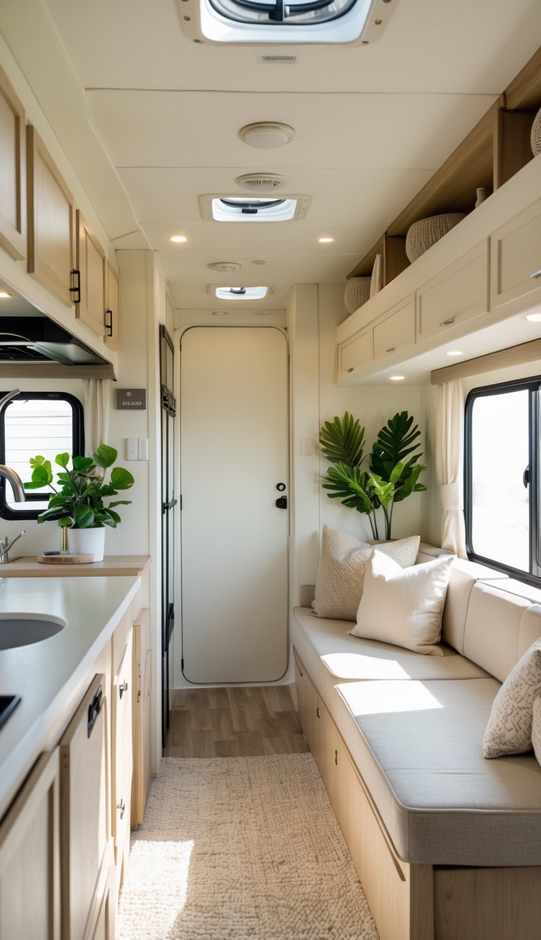 Interior view of an RV with creamy off-white walls, natural light, and a cozy seating area.