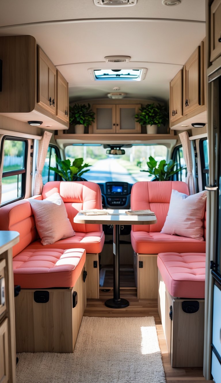 Interior of an RV with coral pink seats around a wooden table and natural light coming through the windows.