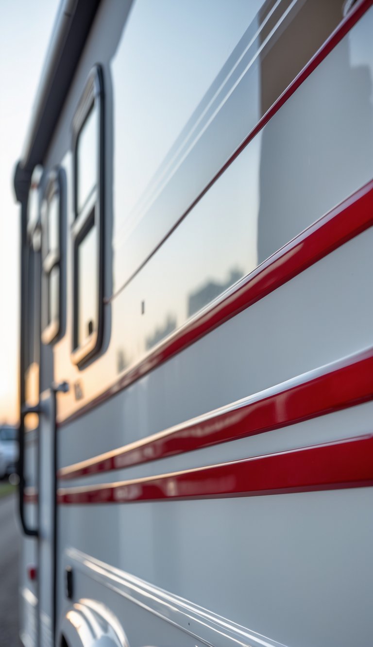Close-up of a freshly painted RV exterior with glossy red accent stripes.
