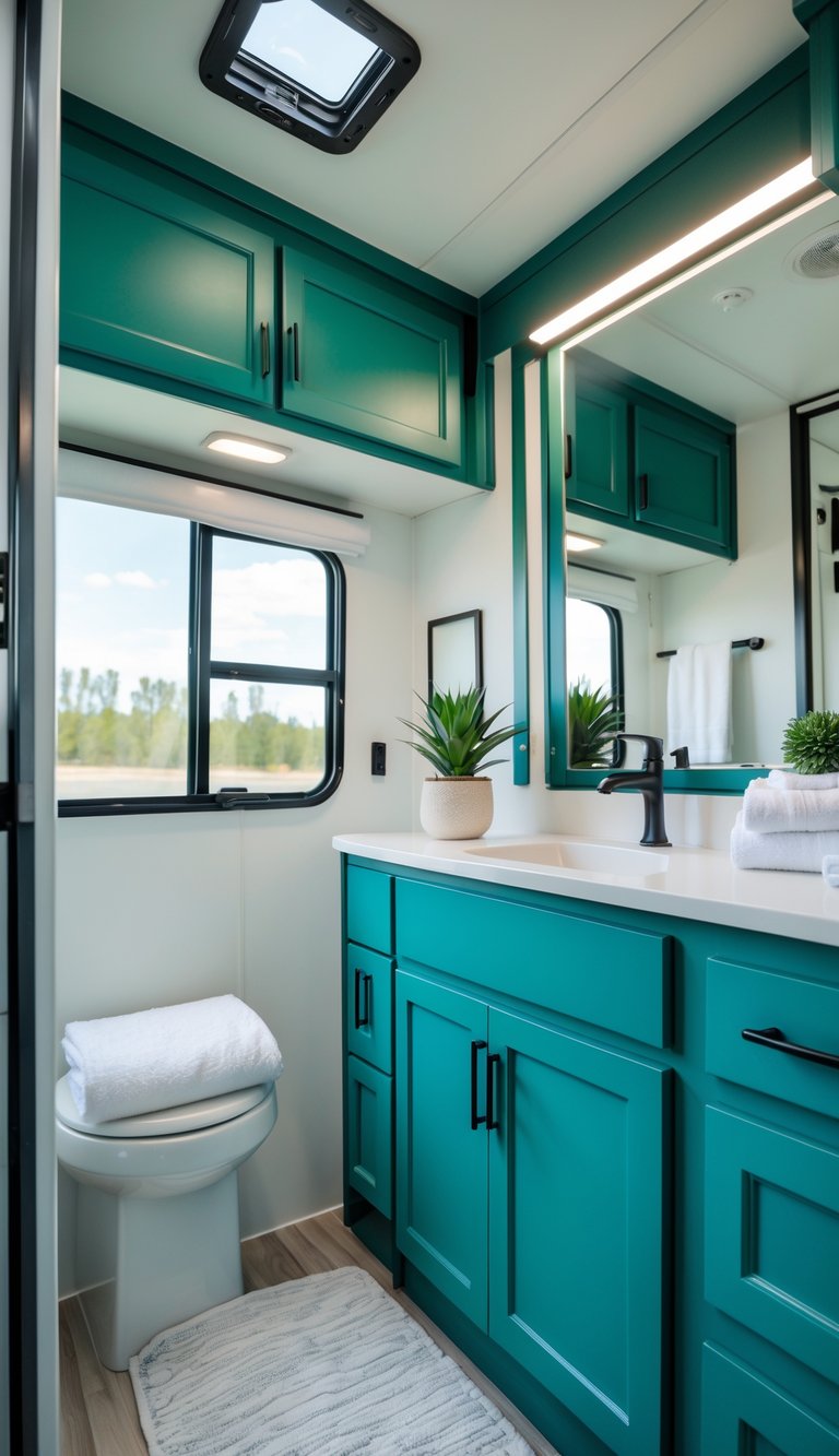 Interior of an RV bathroom with teal cabinets, a window letting in natural light, and bathroom essentials arranged neatly.