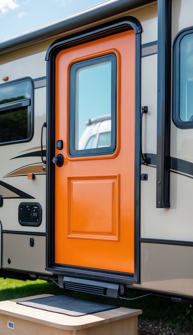 Bright orange entry door on the side of a recreational vehicle parked outdoors.