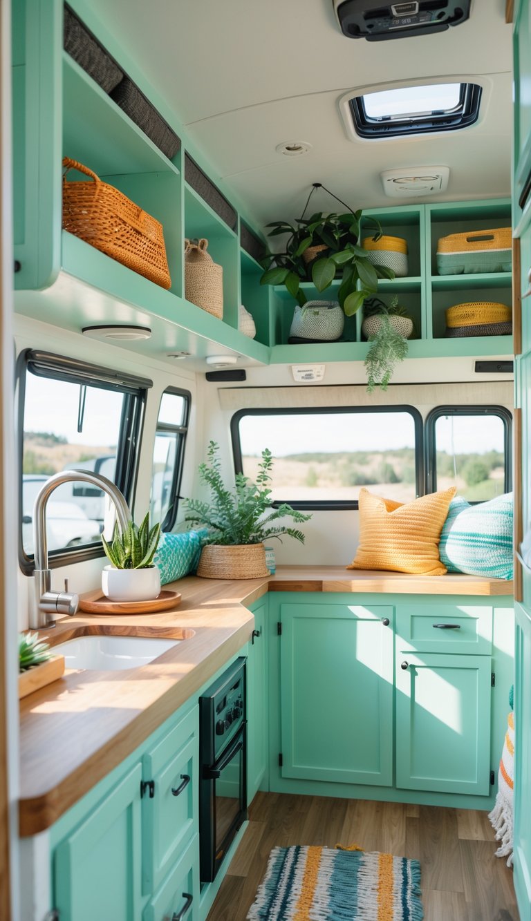 Interior of an RV with mint green shelves holding plants, storage boxes, and travel items in a bright, organized space.