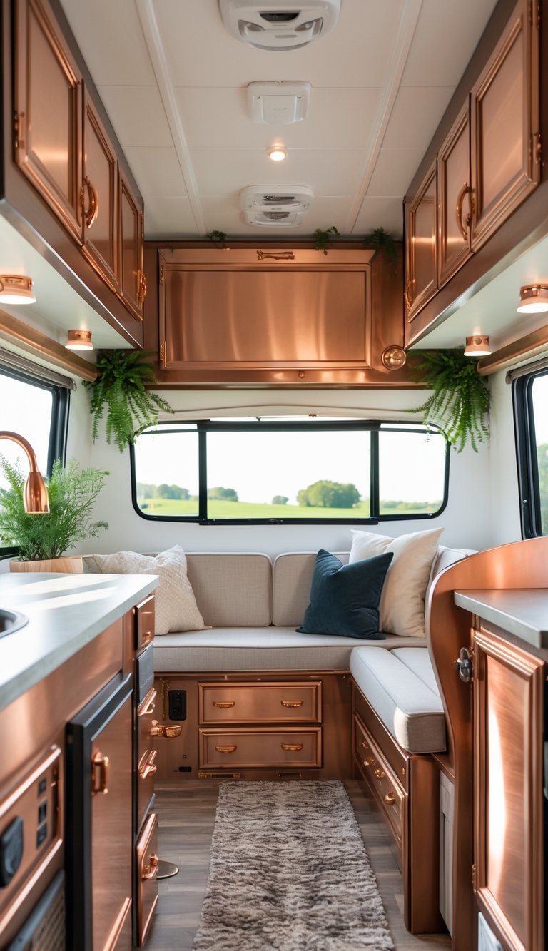 Interior of an RV featuring copper metallic accents and fresh paint with a cozy seating area and natural light.