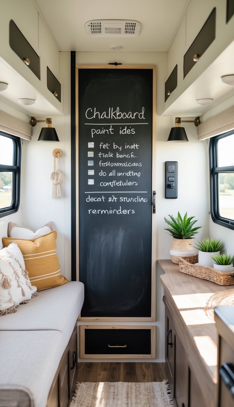 Interior of an RV with a chalkboard painted wall section surrounded by cozy seating and decor.