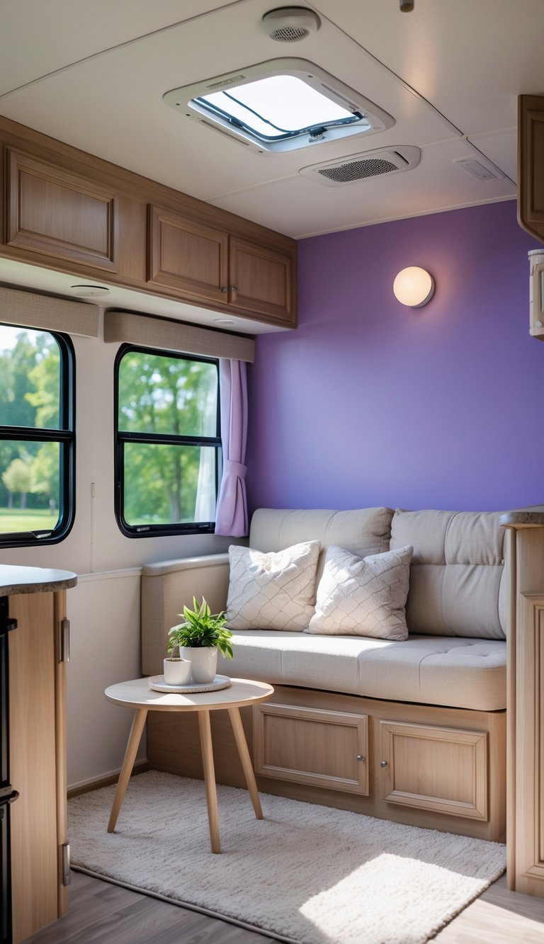 Interior of an RV with a lavender accent wall, beige sofa, wooden furniture, and natural light coming through the windows.