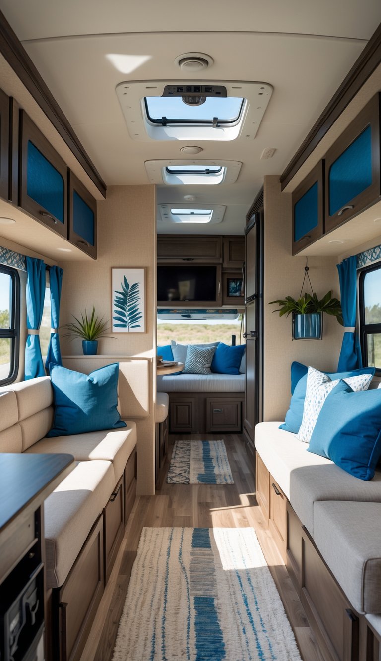 Interior of an RV with beige walls and blue accents, showing a comfortable seating and dining area.