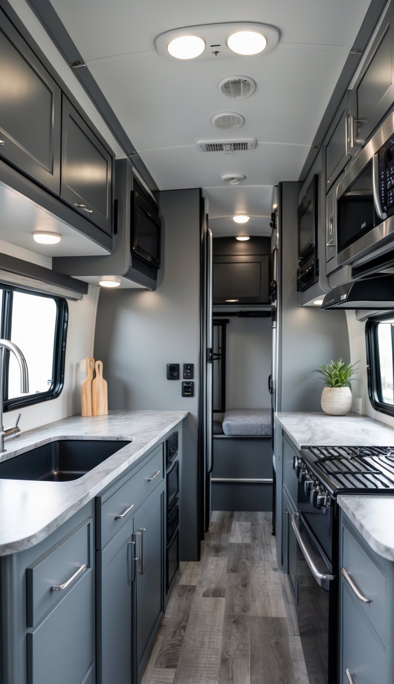 Interior of an RV featuring gray walls and silver fixtures in a clean and modern living space.