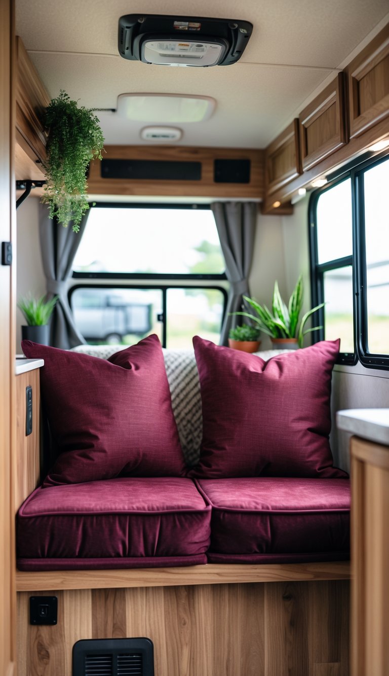 Interior of an RV with rich burgundy seat cushions on a bench seat and natural light coming through the windows.