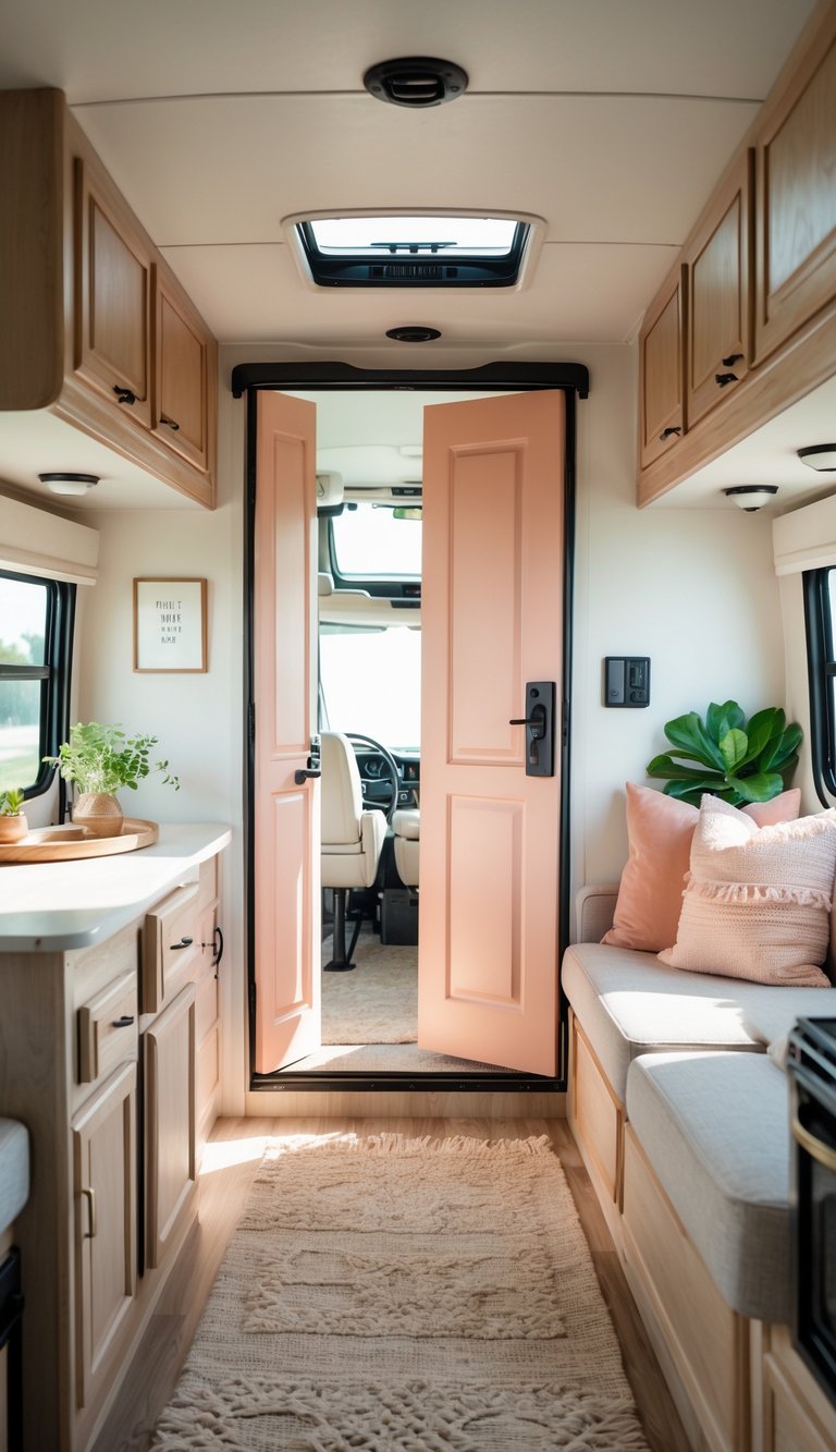 Interior of an RV with peachy blush colored doors and a cozy, well-lit living space.