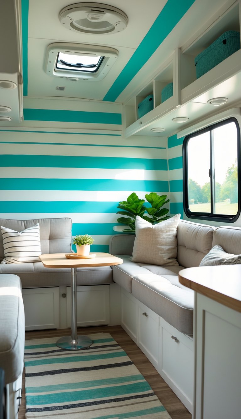 Interior of an RV living area with aqua striped wallpaper, natural light, seating, a wooden table, and green plants.