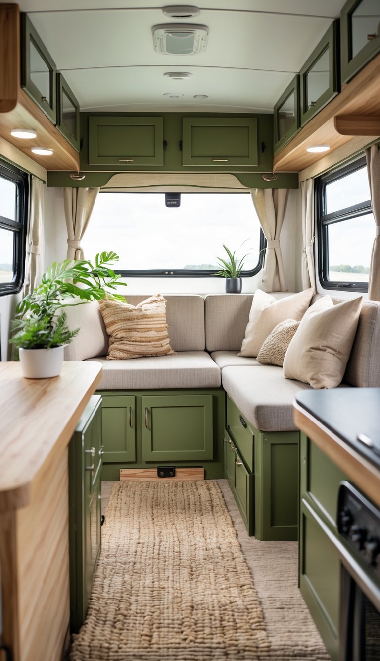 Interior of an RV with earthy olive green trim accents around windows and cabinets, featuring wooden surfaces and comfortable seating.