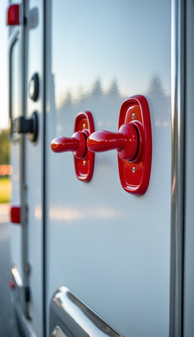Close-up of a white RV door with bright red handles.