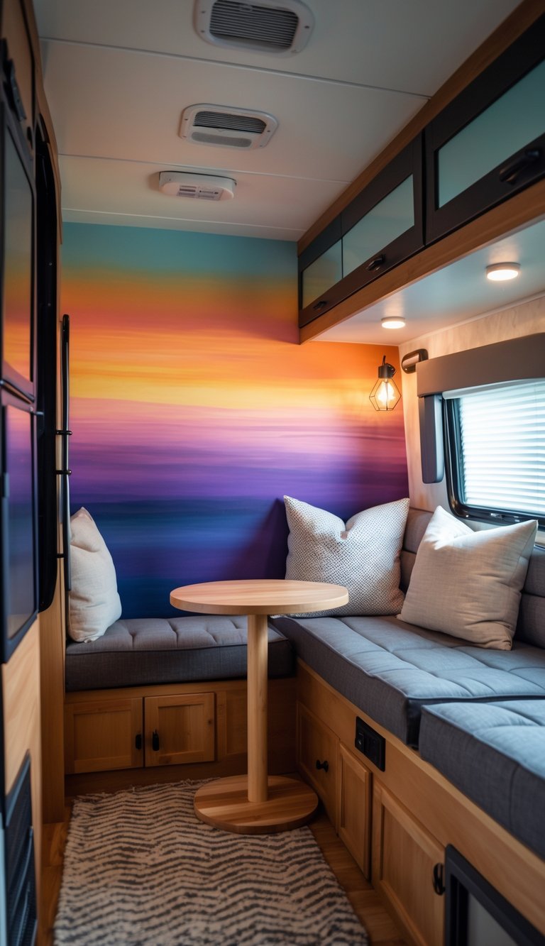 Interior of an RV with a colorful sunset gradient accent wall and cozy seating area.