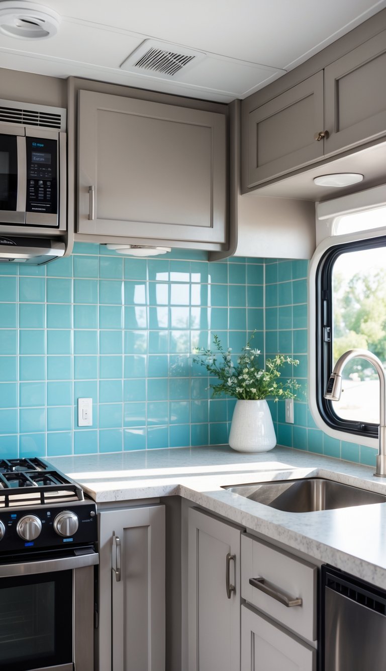 Interior of an RV kitchen with a powder blue tile backsplash, cabinets, and appliances.