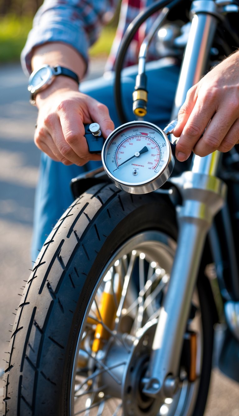 Person checking the tire pressure and tread depth on a motorcycle tire outdoors.