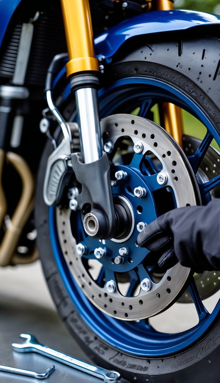 Close-up of a mechanic inspecting motorcycle brake pads and rotors during maintenance.