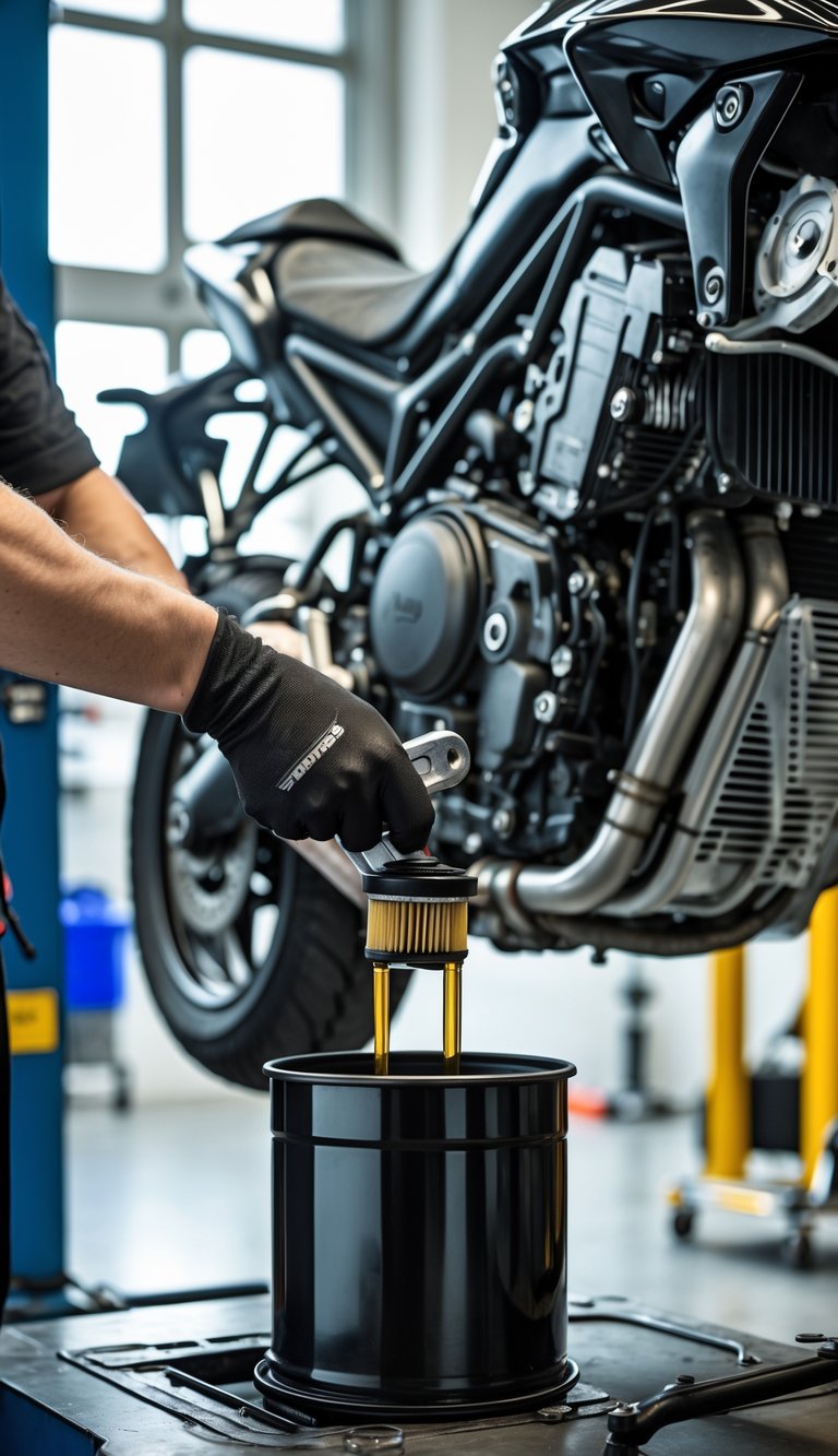 Mechanic changing engine oil and oil filter on a motorcycle in a workshop.