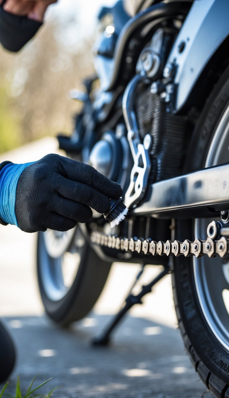 A person cleaning and lubricating a motorcycle chain outdoors, focusing on the rear wheel and chain area.