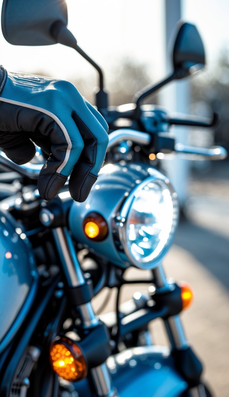 A person testing the lights and turn signals on a motorcycle outdoors during daytime.