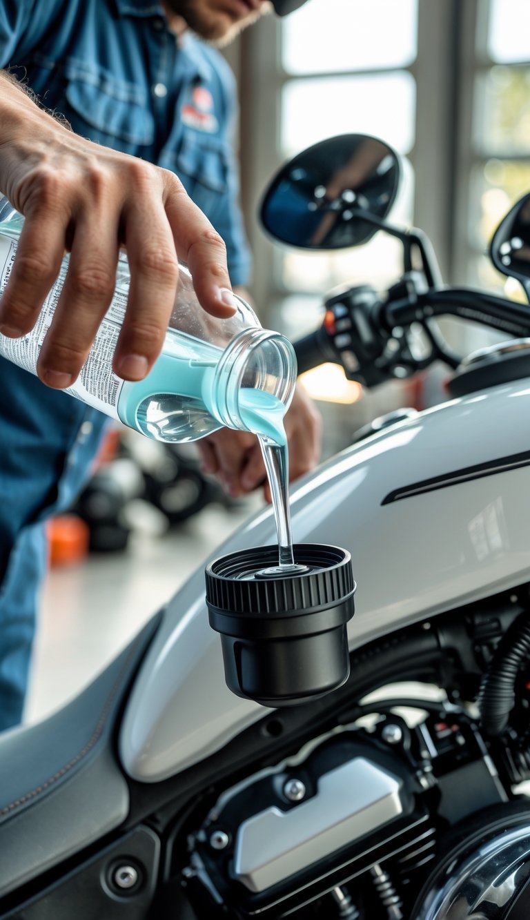 A person topping off coolant levels on a motorcycle in a garage during maintenance.