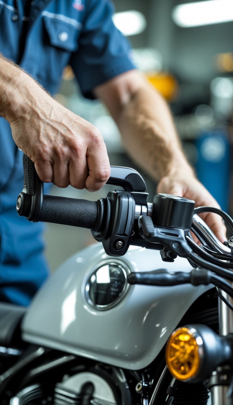 A mechanic's hands inspecting the throttle grip of a motorcycle in a workshop.
