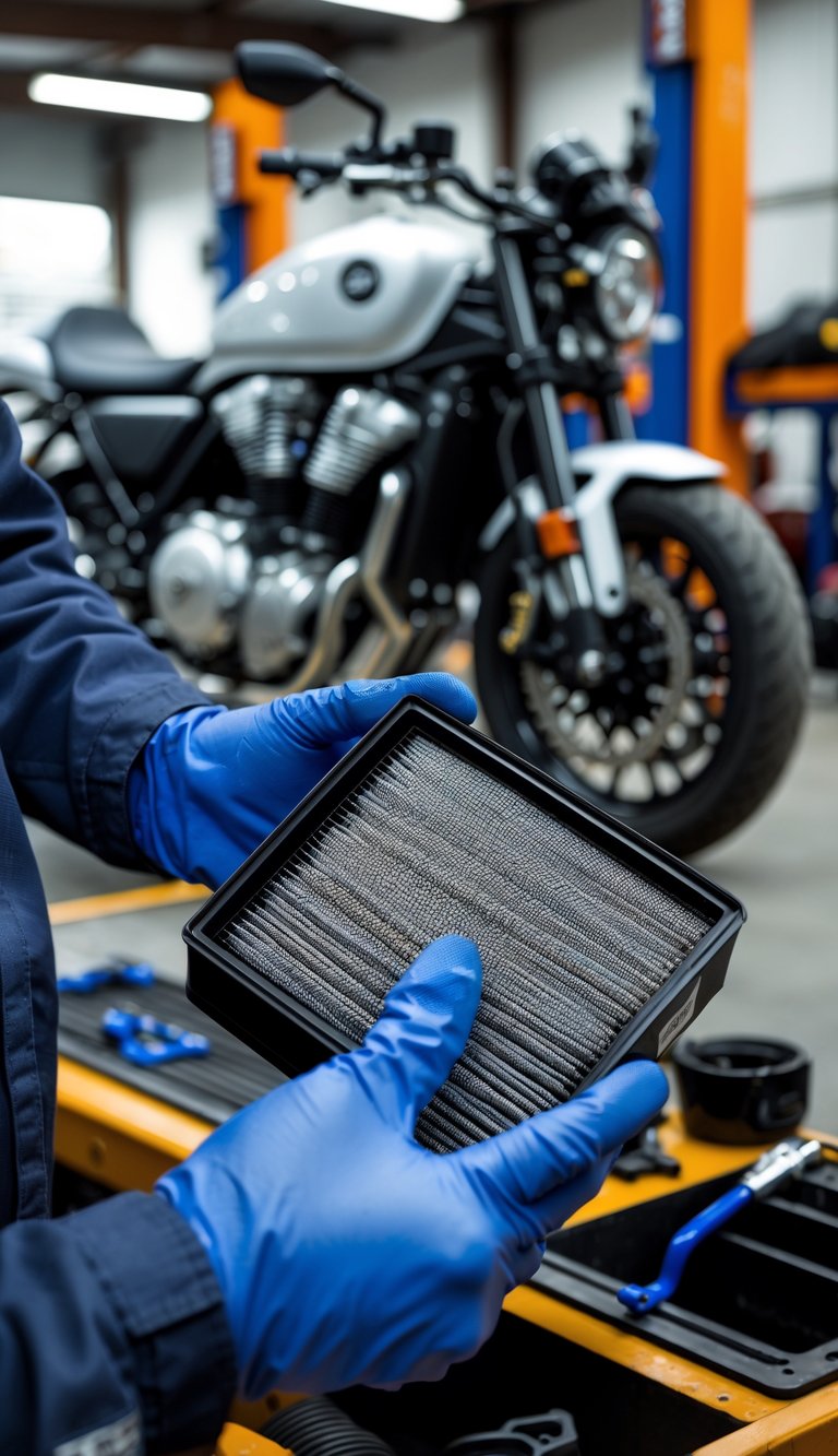 Hands inspecting a motorcycle air filter in a workshop with a motorcycle in the background.