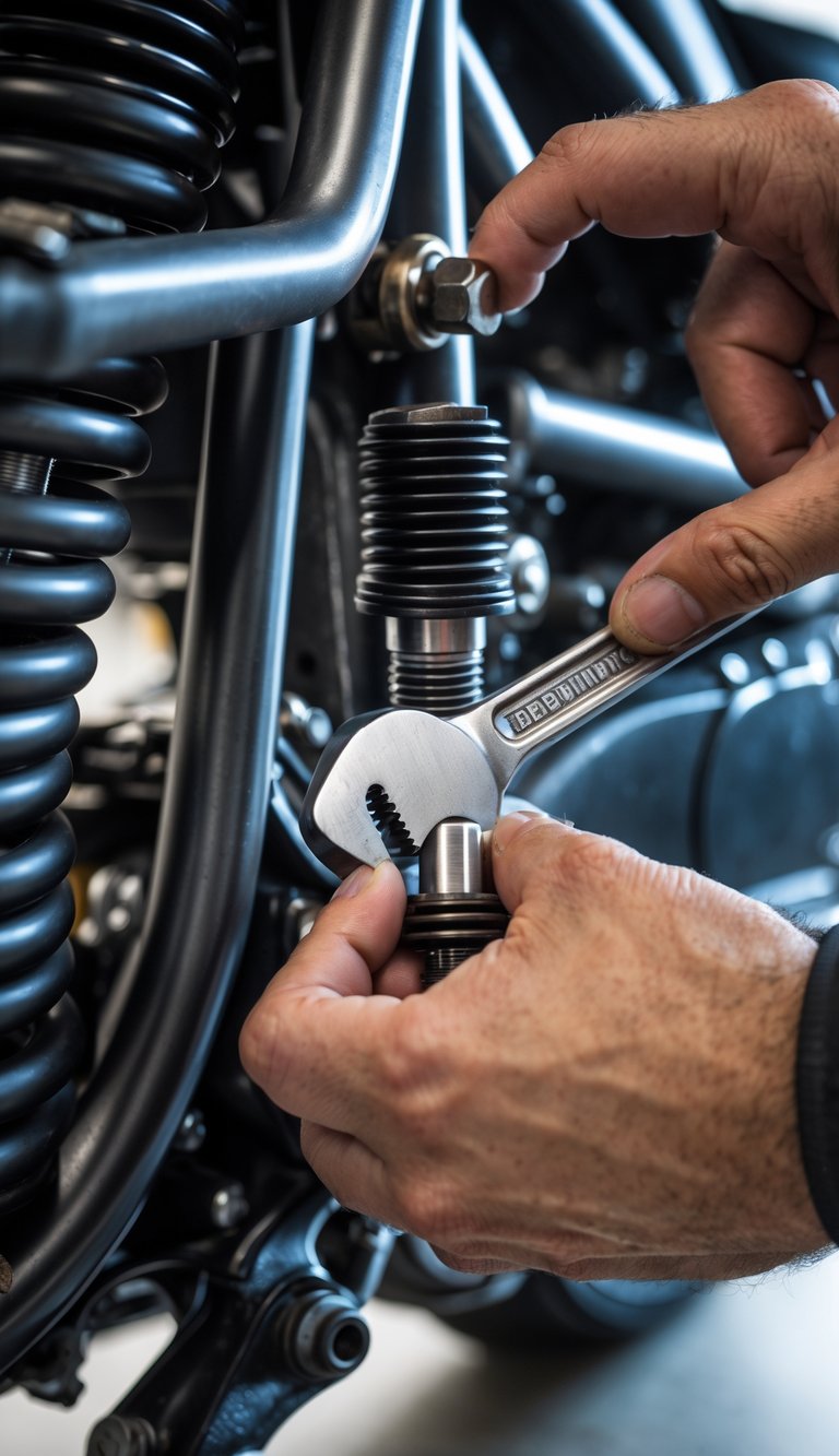 Close-up of hands tightening bolts on a motorcycle spring with a wrench.