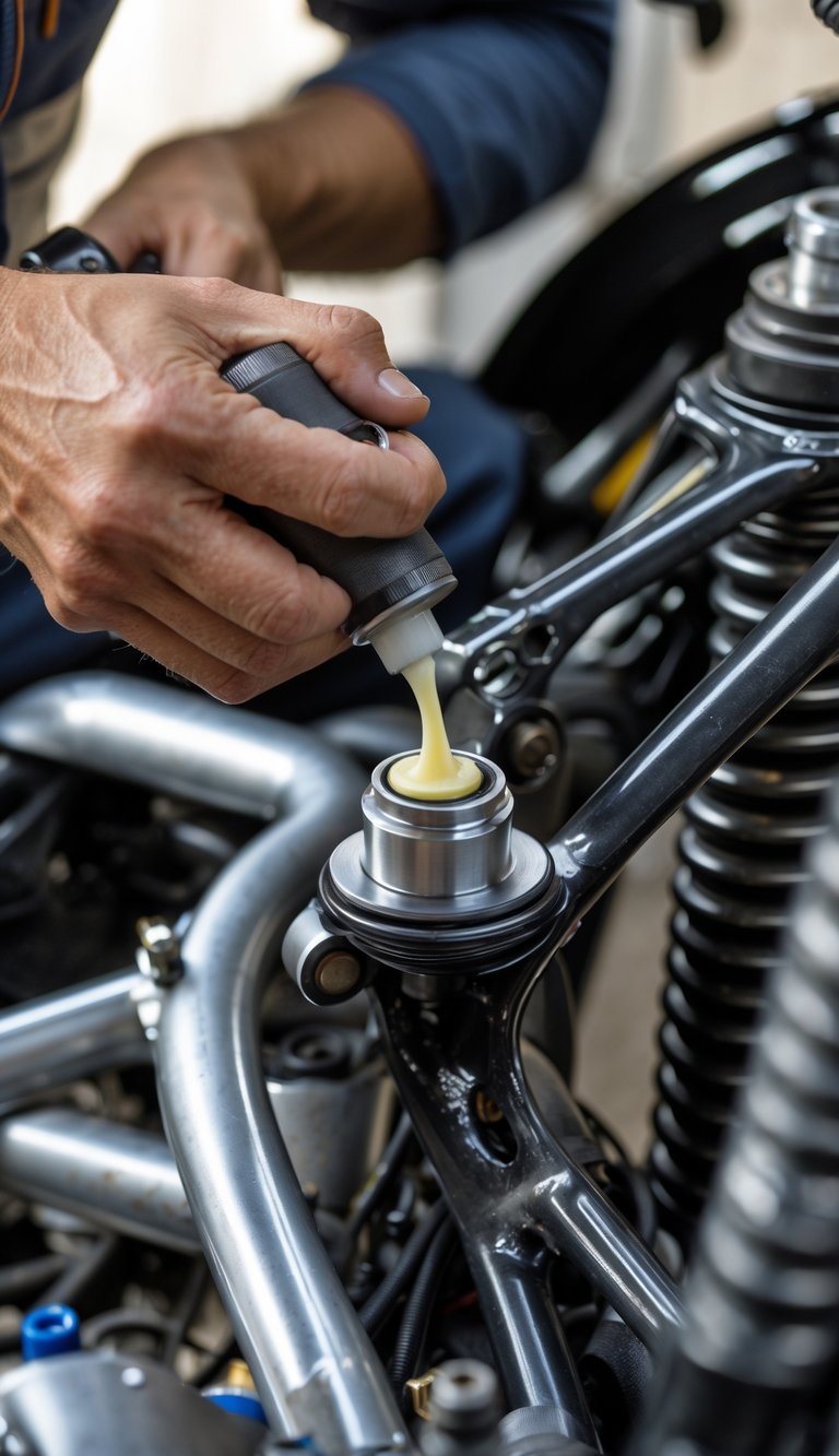 Hands applying grease to pivot points and bearings on a motorcycle suspension spring.