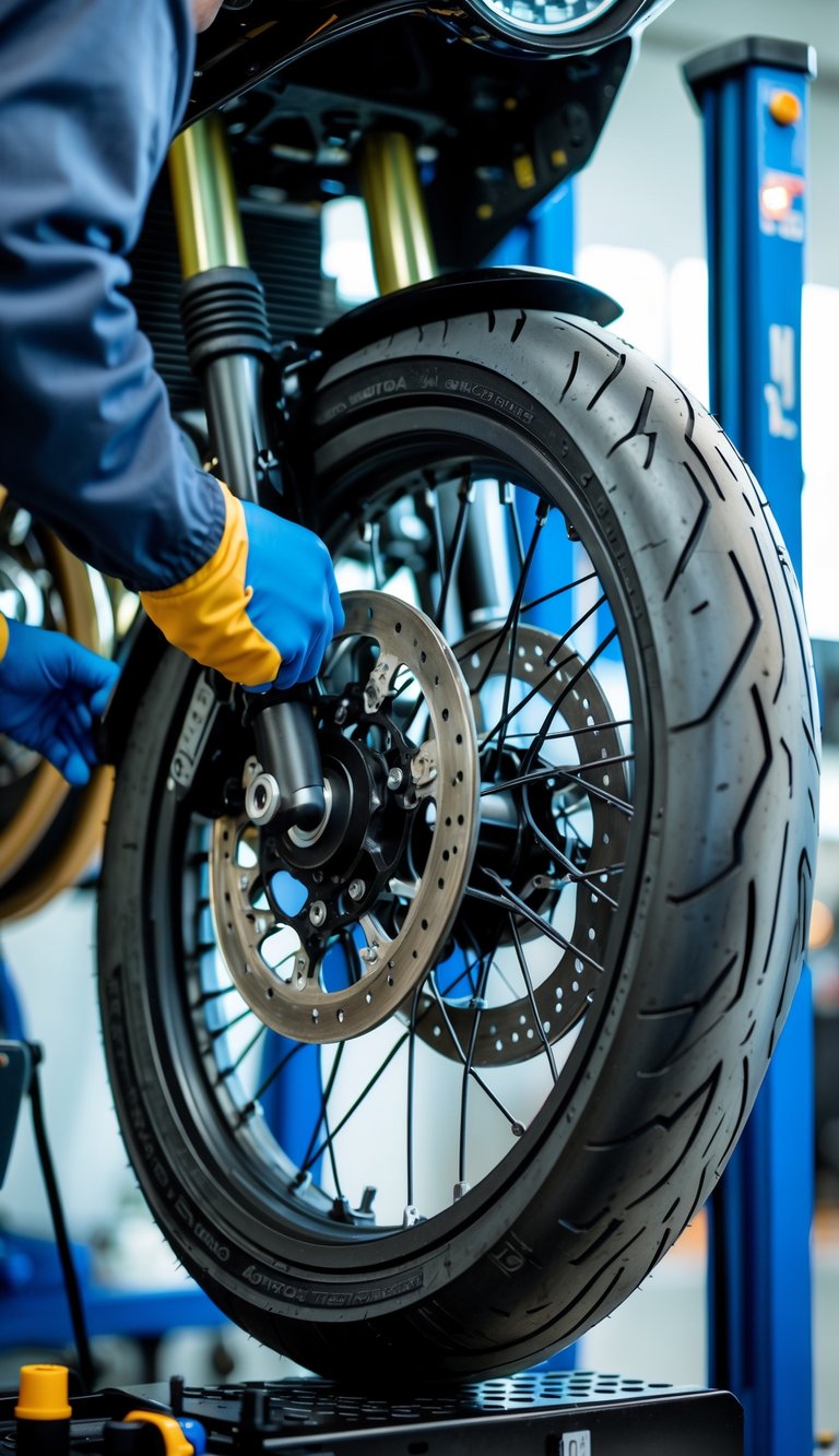 Close-up of a mechanic inspecting and adjusting a motorcycle tire in a workshop.