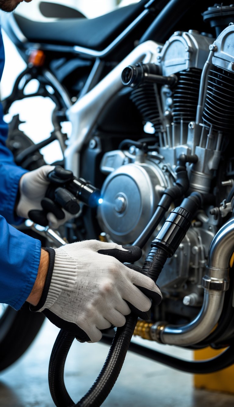 Mechanic inspecting motorcycle fuel lines for cracks or leaks in a workshop.
